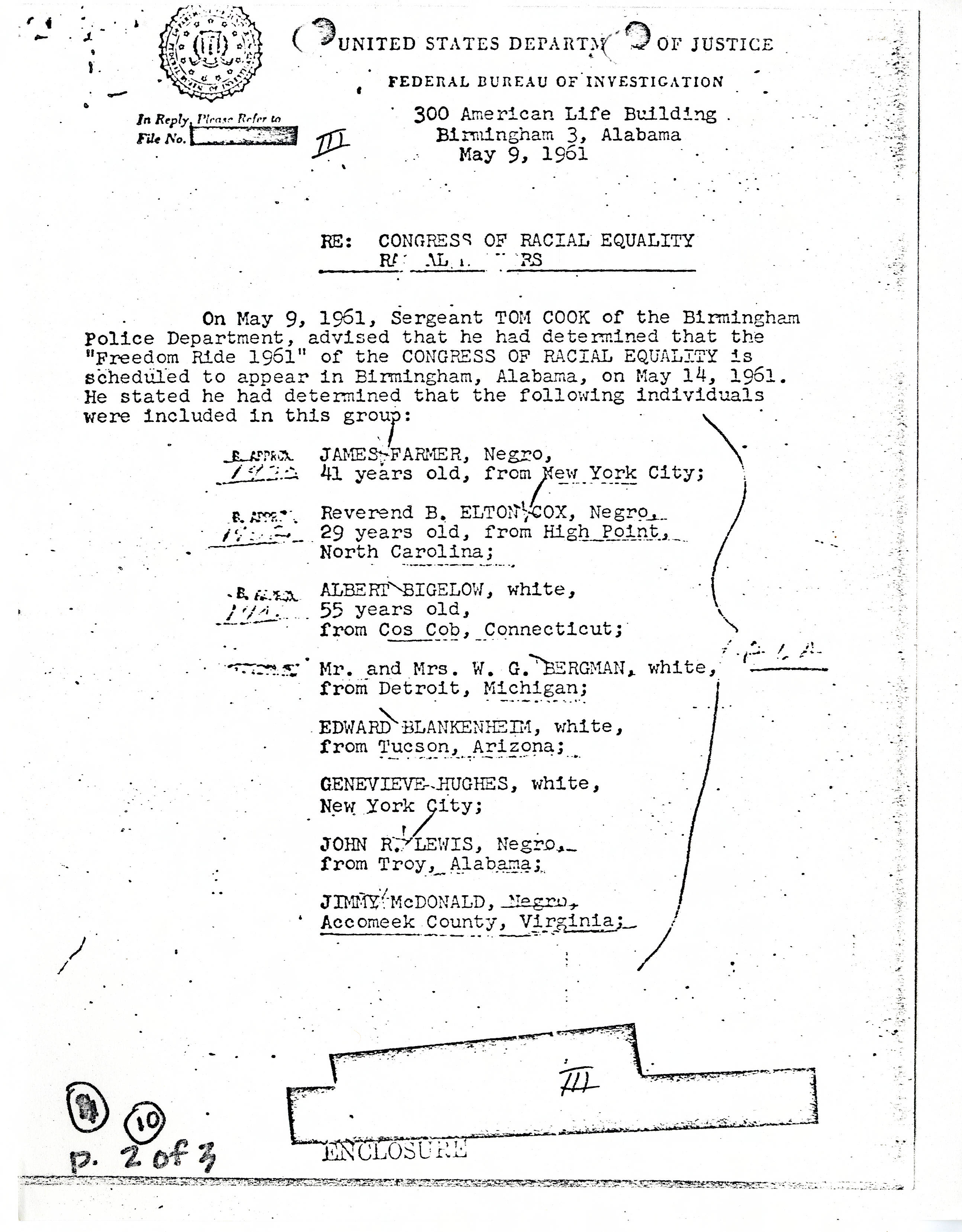 FBI memo dated May 9, 1961, listing the Freedom Riders by name